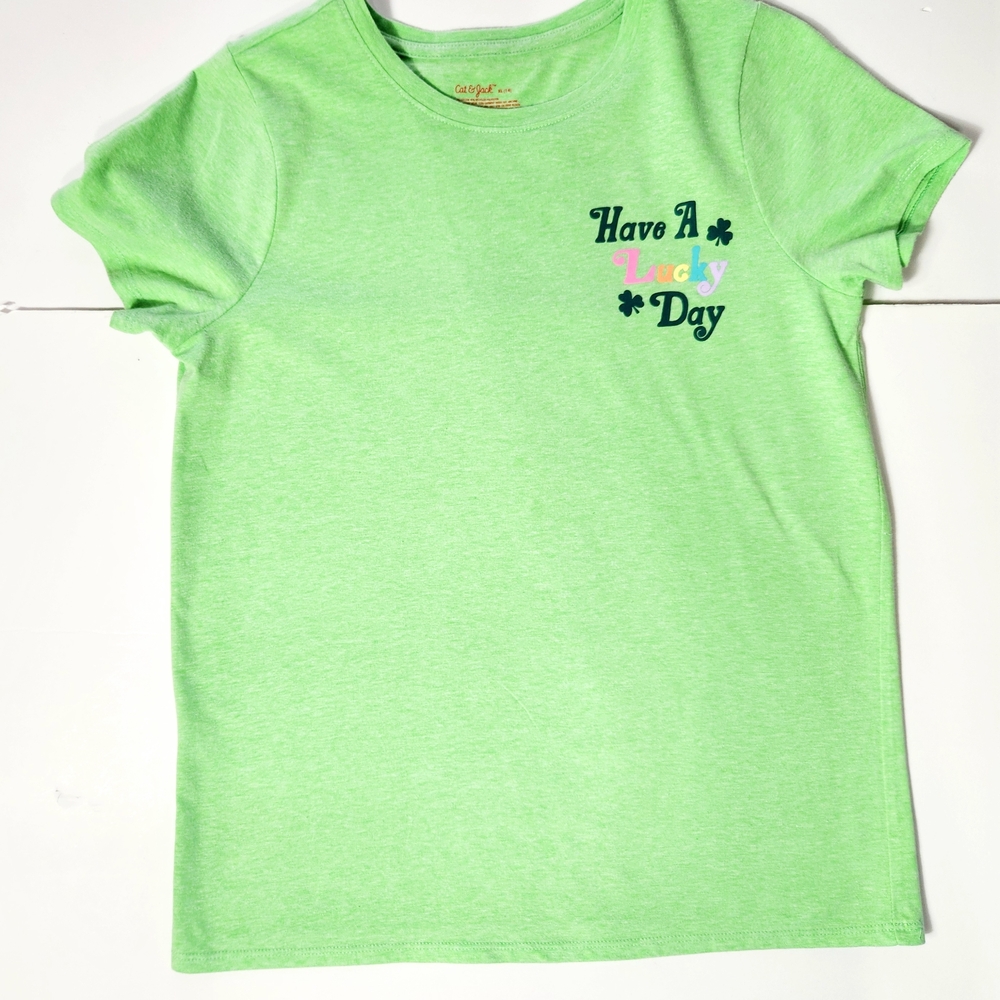 🩷Cat & Jack Green Girl's St. Patricks Day T-Shirt - Have A Lucky Day Size: 14